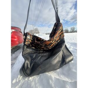 VINTAGE 80's Leopard FUR ANNE kLEIN NYC SATCHEL LARGE Leather CARRYALL